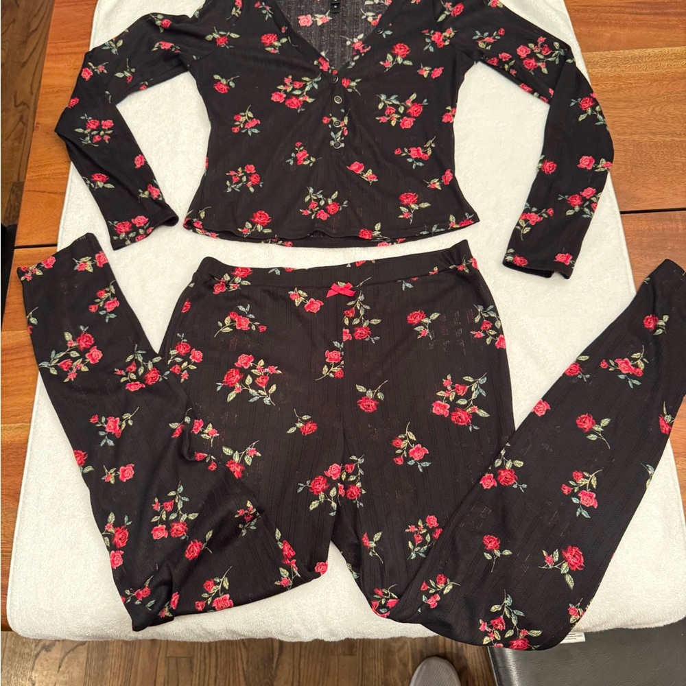 For Love And Lemons Black Floral Long Sleeve Ladies Pajama Set